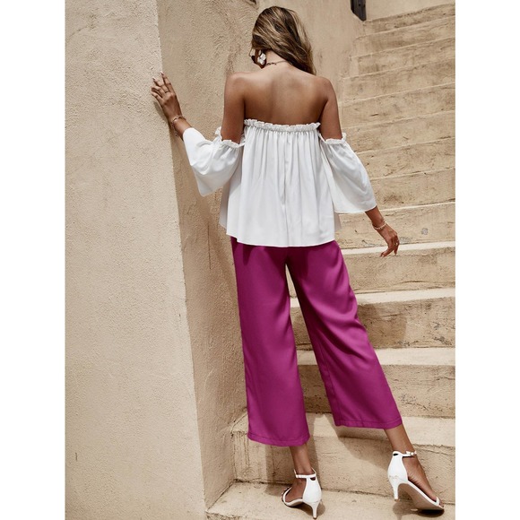 2 piece set: boho Off The Shoulder Frill Trim crop Top & wide leg pants blue - Picture 5 of 11